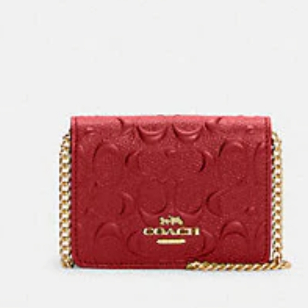 Coach Mini Wallet on Chain in embossed leather Red. NWT
